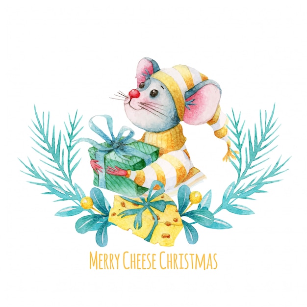 Download Premium Vector Merry Christmas Illustration With Watercolor Mouse And Cheese PSD Mockup Templates