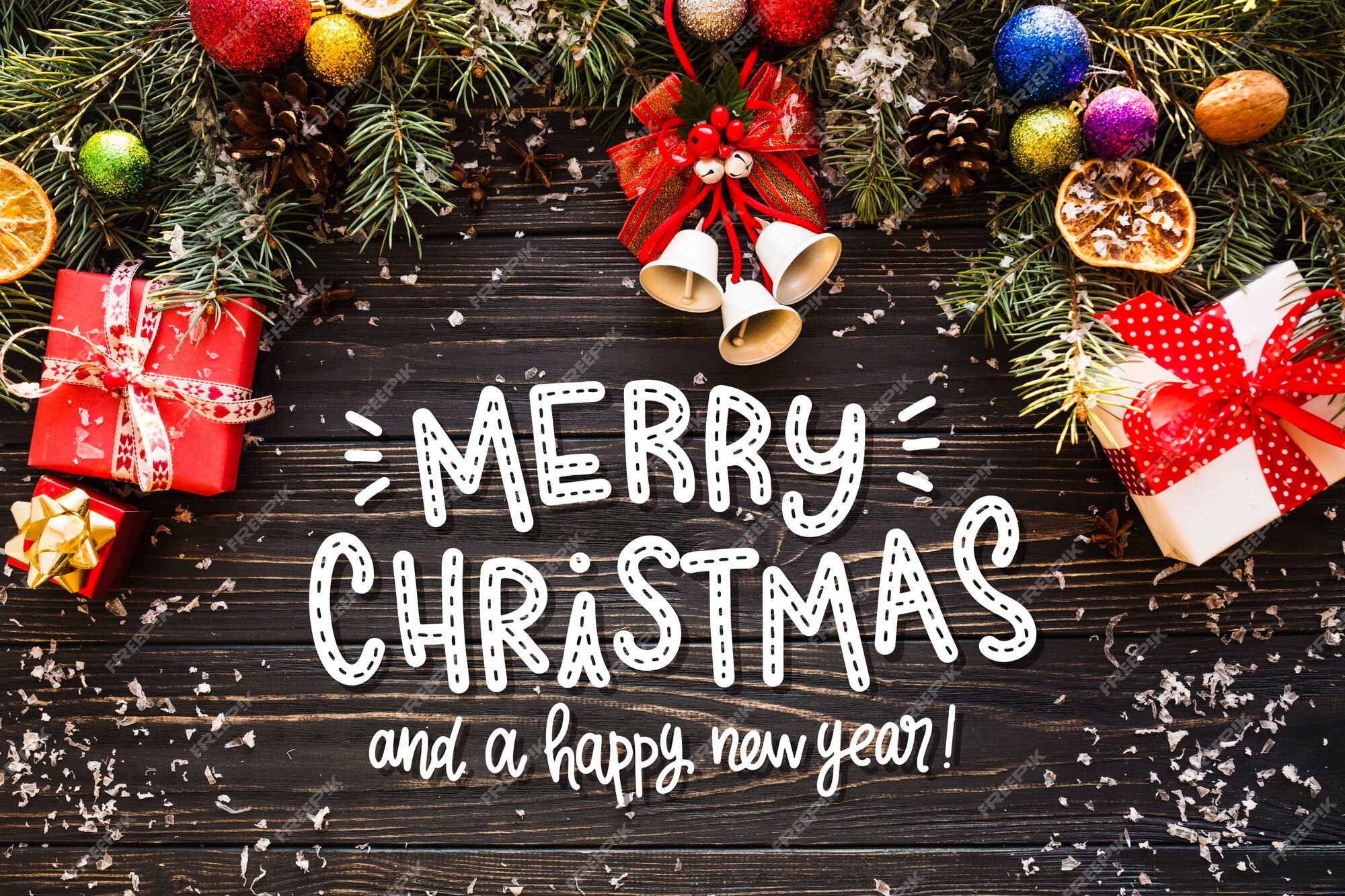 Free Vector | Merry christmas lettering on christmas photo