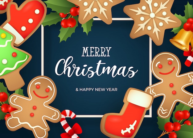 Free Vector | Merry christmas lettering, gingerbread cookies, mistletoe