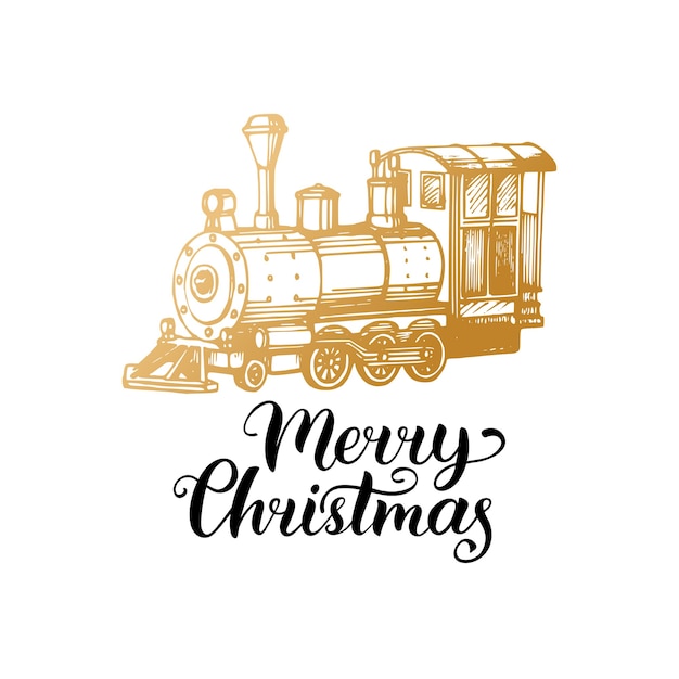 白い背景の上のメリークリスマスのレタリング 手描きのおもちゃの列車のイラスト ハッピーホリデーグリーティングカード ポスターテンプレート プレミアムベクター