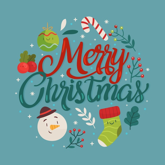 Merry Christmas lettering Free Vector - Cute & Fun Christmas Graphic Design With Snowman, Bauble and Holly