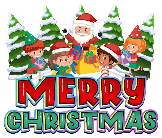 Premium Vector | Merry christmas logo design with happy children