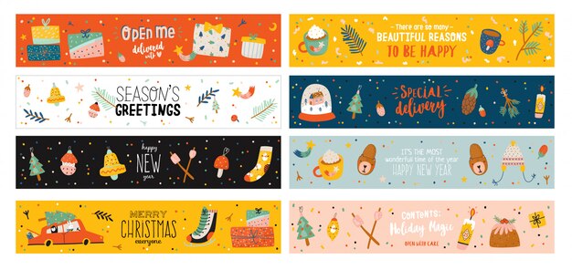 プレミアムベクター メリークリスマスまたは新年あけましておめでとうございますイラスト休日のレタリングと伝統的な冬の要素 北欧スタイルのかわいいバナーテンプレート Web ポスター カードに適しています バックグラウンド
