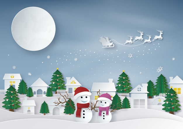 メリークリスマス サンタクロースのペーパーアートは 雪だるまと雪の女性と満月に対してトナカイのそりに乗る 都市空間と冬の風景 ベクトルイラスト プレミアムベクター
