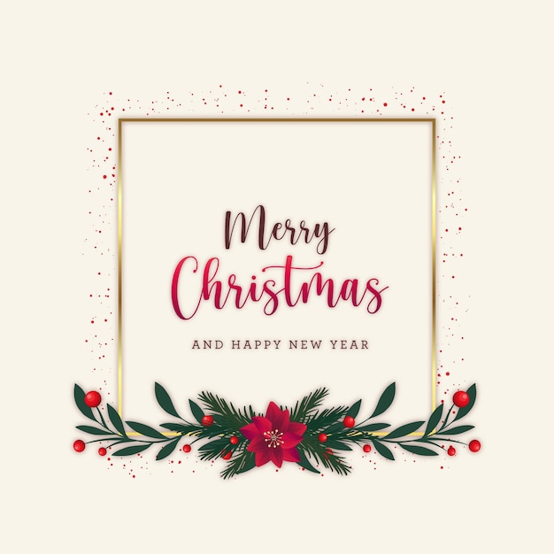 Premium Vector | Merry christmas postcard with golden frame and flat leaves
