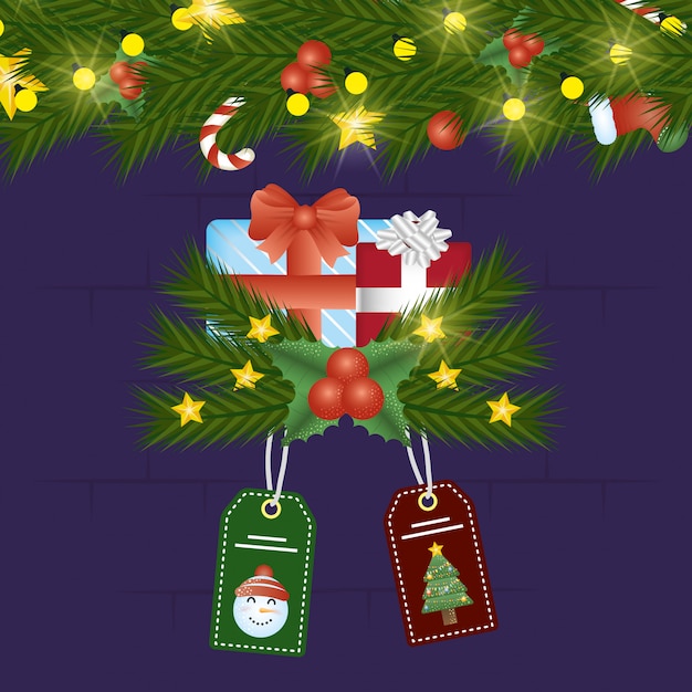 Merry christmas scene with gift and tags hanging Premium