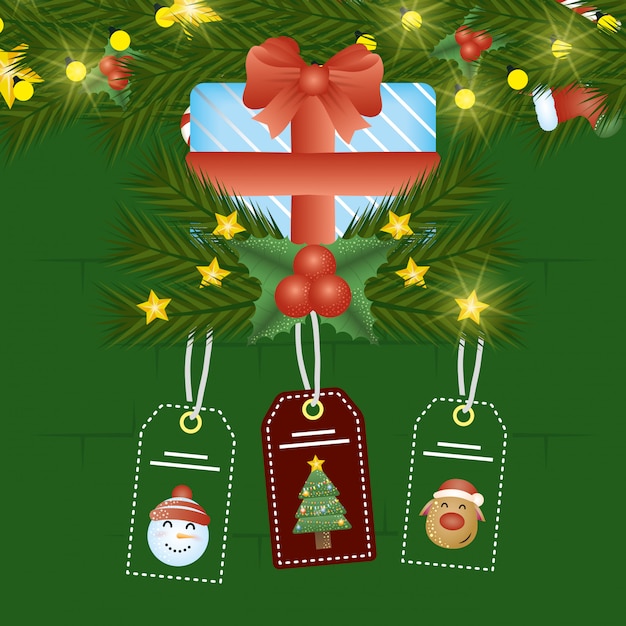 Merry christmas scene with gift and tags hanging Vector