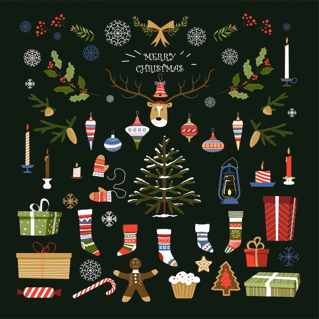 Premium Vector | Merry christmas traditional symbols and items of