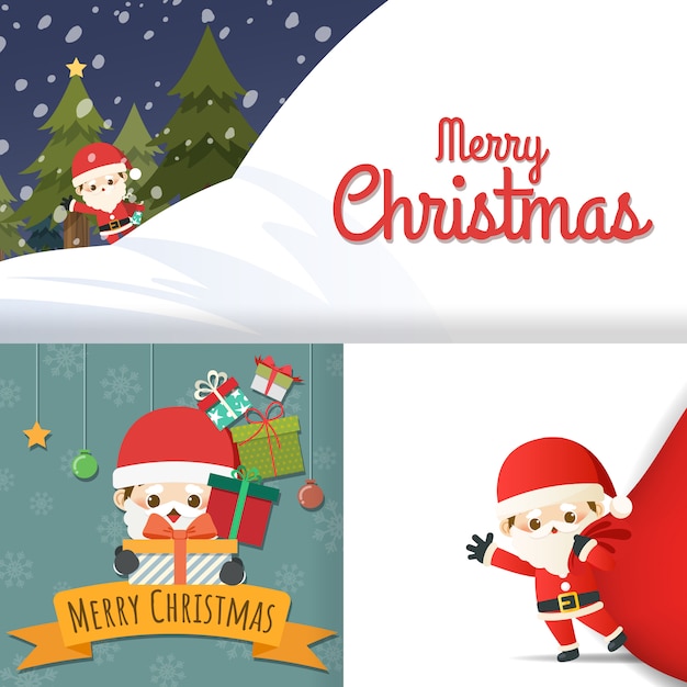プレミアムベクター グリーティングカードのセットとメリークリスマス かわいい漫画のキャラクター少しサンタクロース 雪だるま クリスマス ツリー ギフトボックス カードの雪 ベクトルイラスト