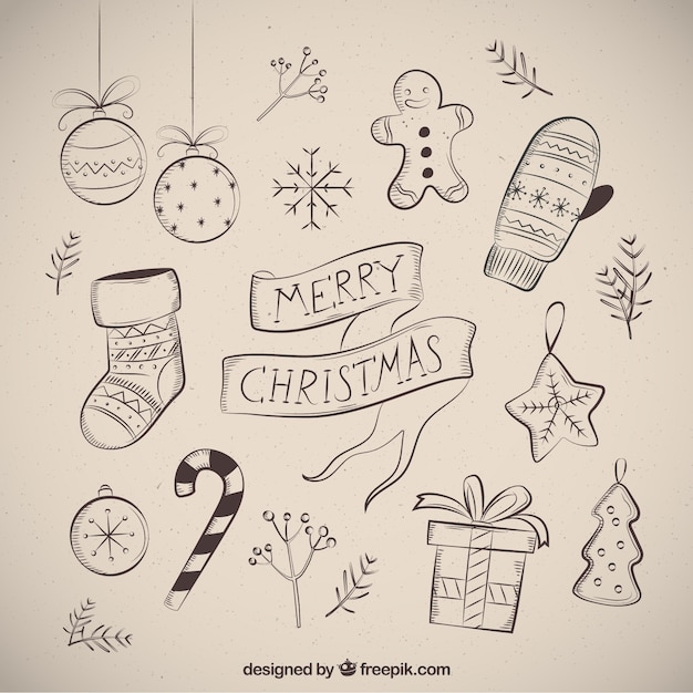 Free Vector Merry christmas with several drawings
