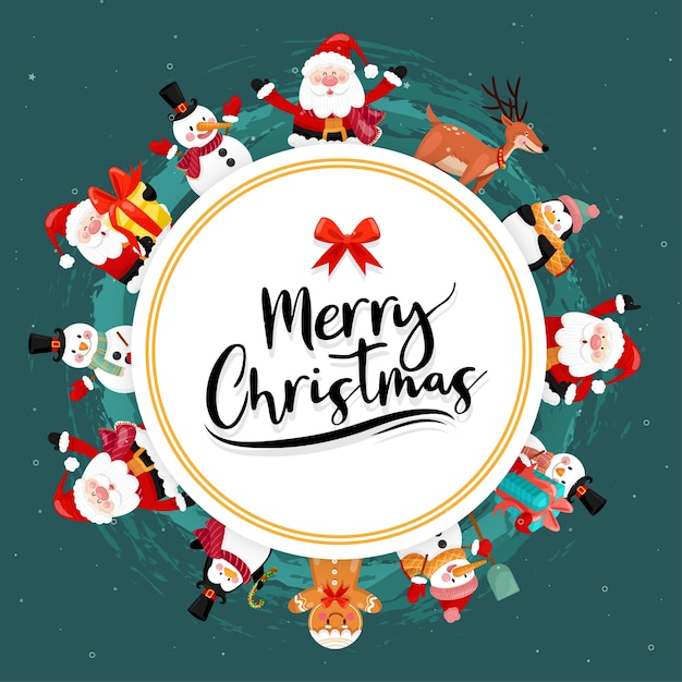 Merry christmas with a snowman, reindeer, penguin, gift box, and chocolate cookies Free Vector