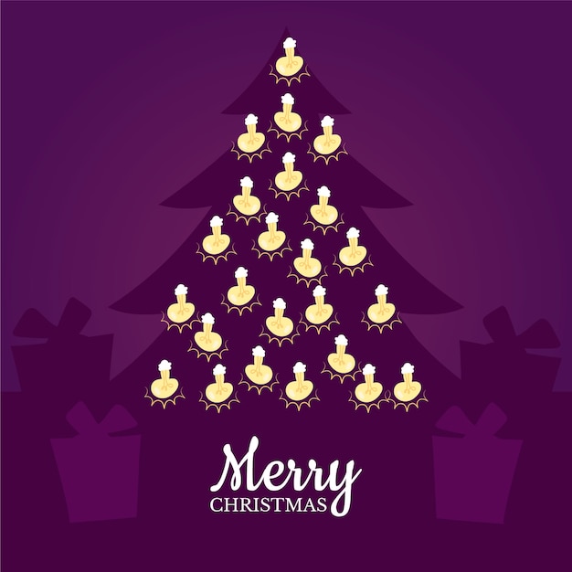 文字列ライトと木のシルエットとメリークリスマス 無料のベクター