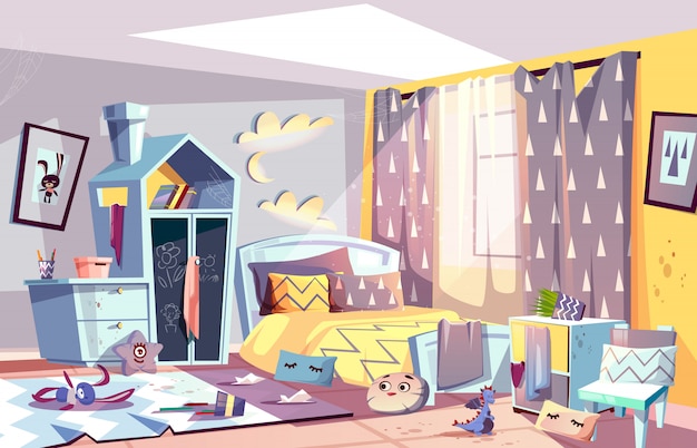 Messy Bedroom Of Lazy Child With Scattered Toys Vector