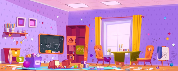 幼稚園の散らかった部屋で 家具や壁 雑然としたゴミが描かれています 無料のベクター