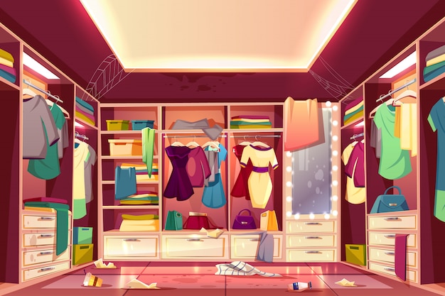 Messy Woman S Walk In Closet Dressing Room Interior Cartoon With