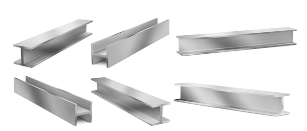 金属構造の梁 鉄骨構造の桁 建物 鉄の構造プロファイルの分離のためのステンレス根太の現実的なセットをベクトルします 強力なiビームの3dイラスト 無料のベクター