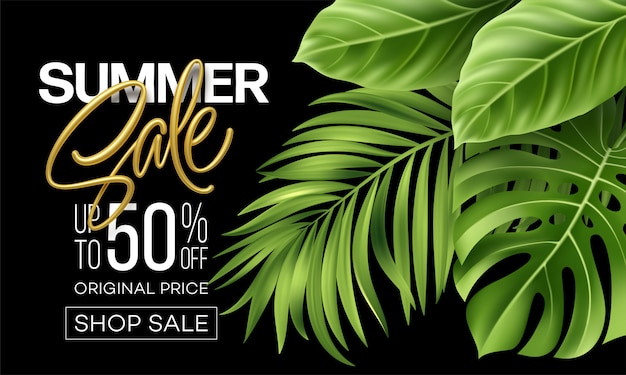 Metallic summer sale lettering on a bright background from green tropical leaves of plants. Premium 