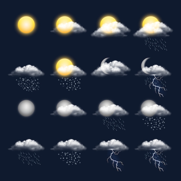 Meteo realistic icon. clouds sun rain wind snow vector weather symbols Premium Vector