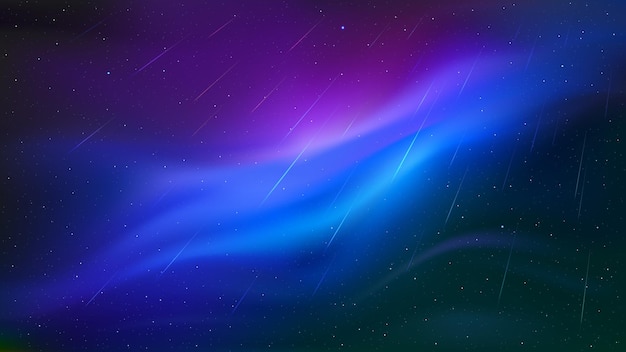 明るい青と紫の星雲と夜空の流星群リアルな壁紙 プレミアムベクター