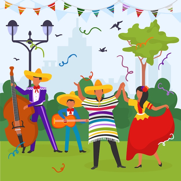 公園でメキシコのカーニバル 2人のメキシコ人がギターを弾く 男性と女性が国民の衣装 イラストで踊っています プレミアムベクター