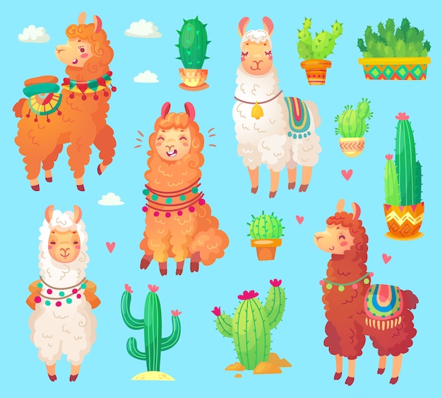 Mexican cartoon cute alpaca lama Premium Vector