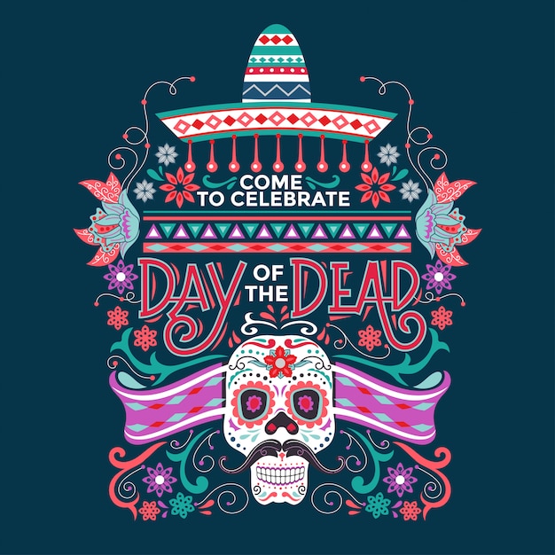 プレミアムベクター メキシコのdiaデムエルトスは砂糖の頭蓋骨とソンブレロのイラストで死者の日を意味します