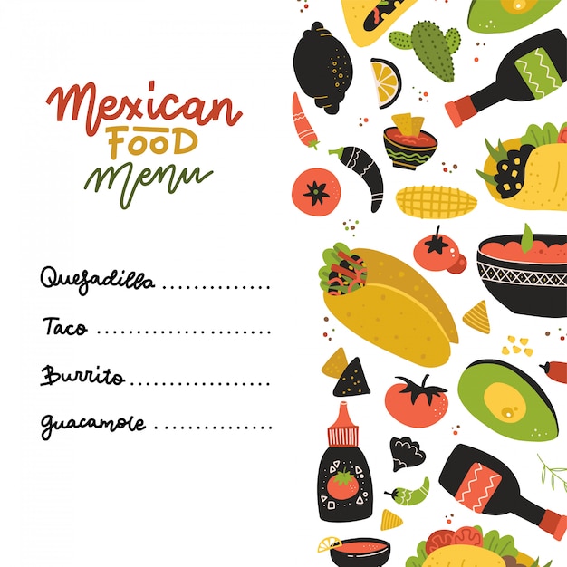 プレミアムベクター メキシコ料理のメニューデザインテンプレートです 正方形バナーセット メキシコ料理カフェ フラットな手描きイラスト 一連の要素とレタリングで飾られたフルーア