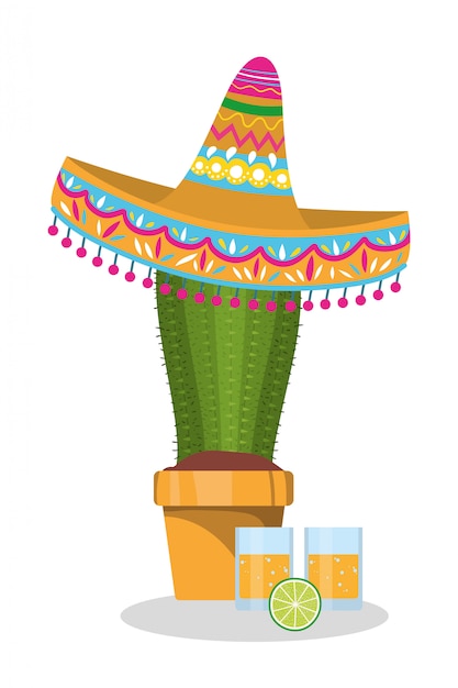 メキシカンハットとサボテンデザイン メキシコ文化観光ランドマークラテンパーティーテーマベクトルイラスト プレミアムベクター