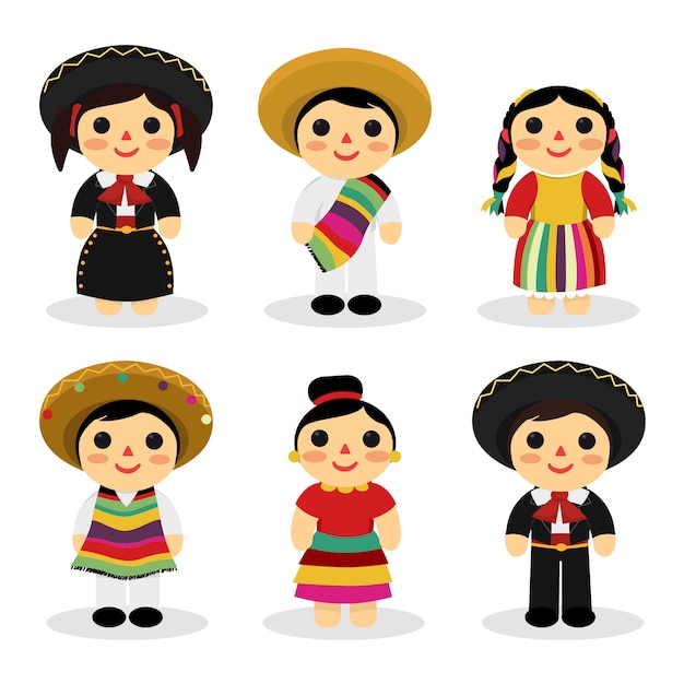 Premium Vector | Mexican kid toys set with traditional costumes