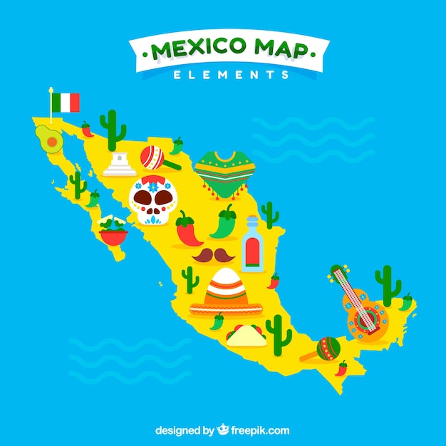 Free Vector | Mexican map with cultural elements