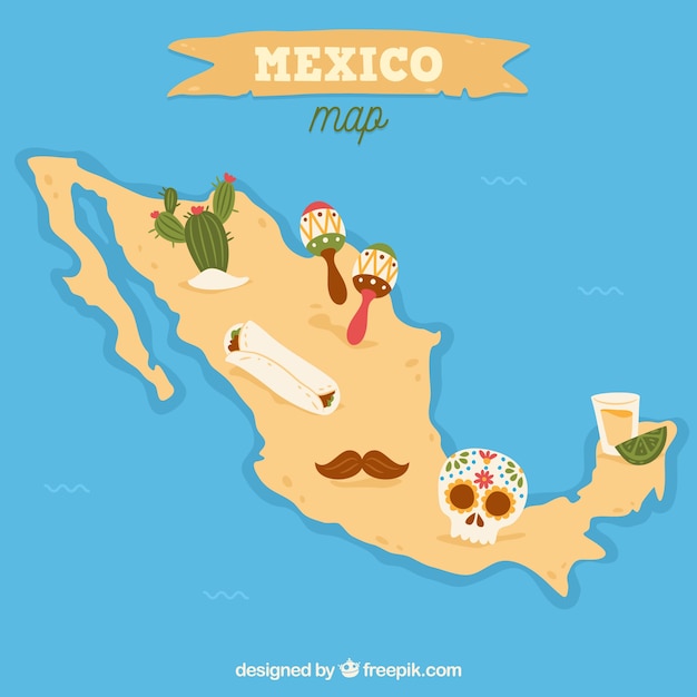 Mexican map with cultural elements | Free Vector