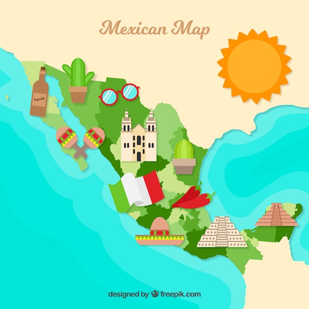 Free Vector | Mexican map with cultural elements