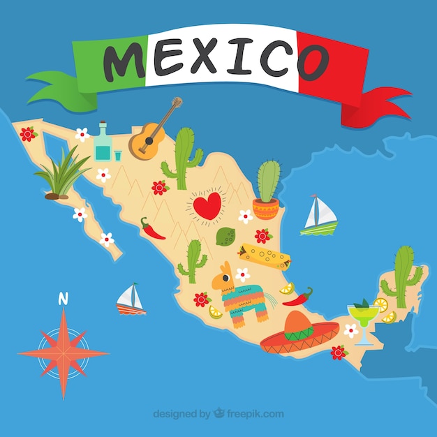 Free Vector | Mexican map with cultural elements