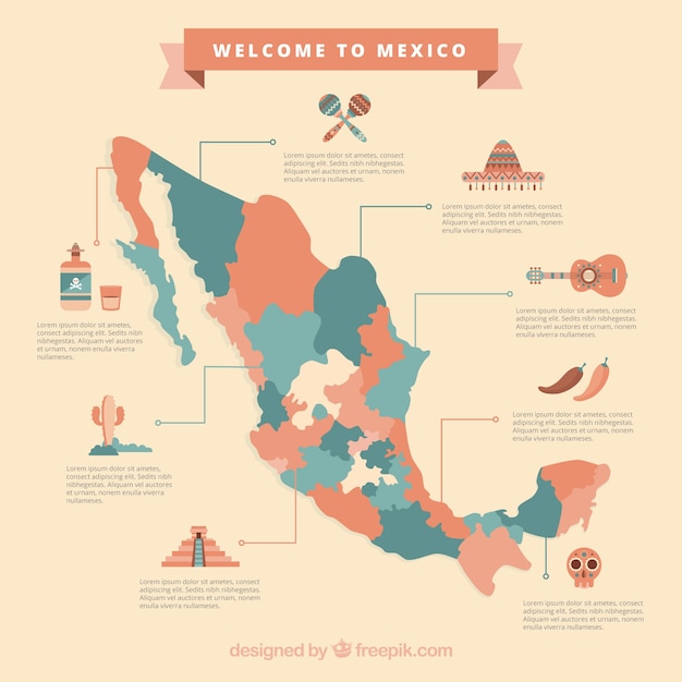Free Vector Mexican map with cultural elements