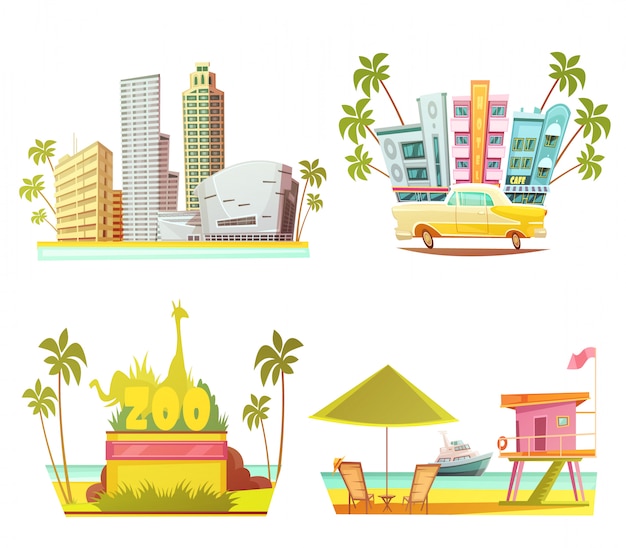 Miami 2x2 design concept with skyscrapers city zoo lifeguard cabin Free Vector