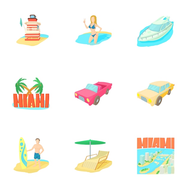 Miami set, cartoon style Premium Vector