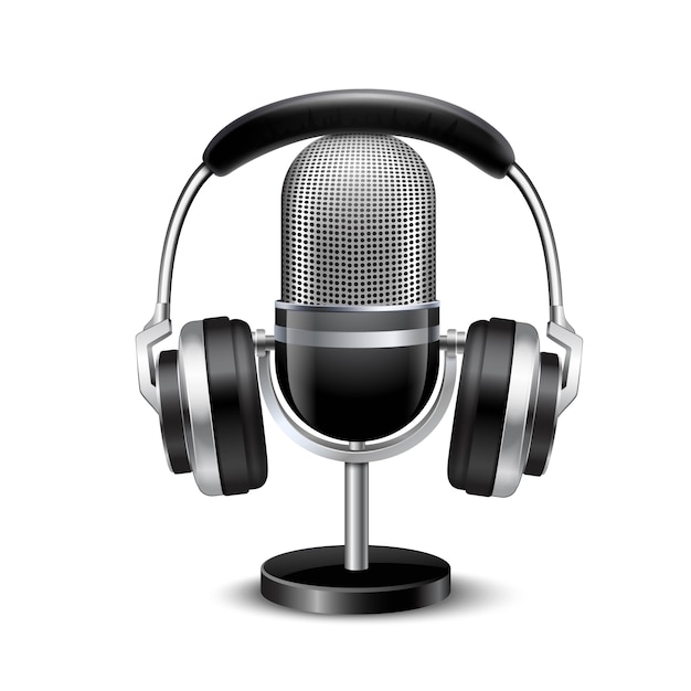 Microphone and headphones retro realistic image Free Vector