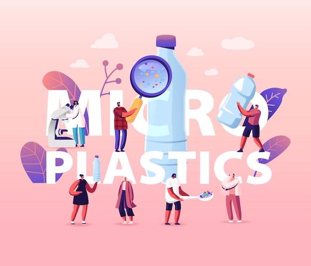 水と食品の概念におけるマイクロプラスチック 世界の海洋汚染 問題 漫画イラスト プレミアムベクター