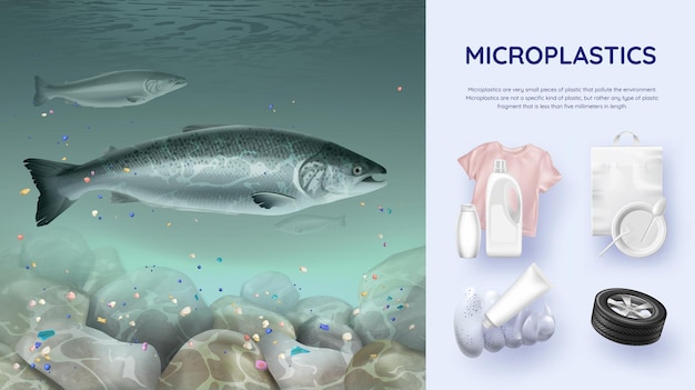 魚 汚染された水 マイクロプラスチックのソースを使用した海のリアルなイラストのマイクロプラスチック プレミアムベクター