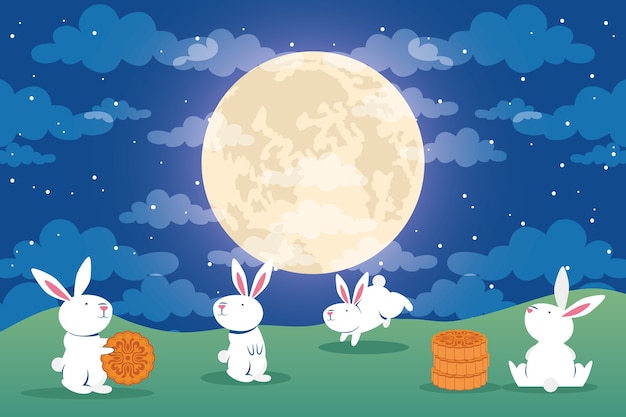 ウサギとキャンプのベクトルイラストデザインの満月中旬の秋祭りのグリーティングカード プレミアムベクター