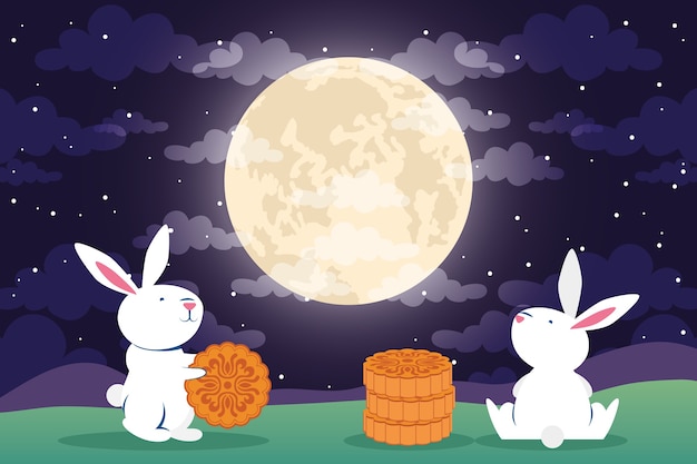 ウサギと満月のシーンベクトルイラストデザイン半ば秋祭りグリーティングカード プレミアムベクター