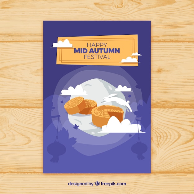 Mid autumn poster with biscuits, moon and clouds