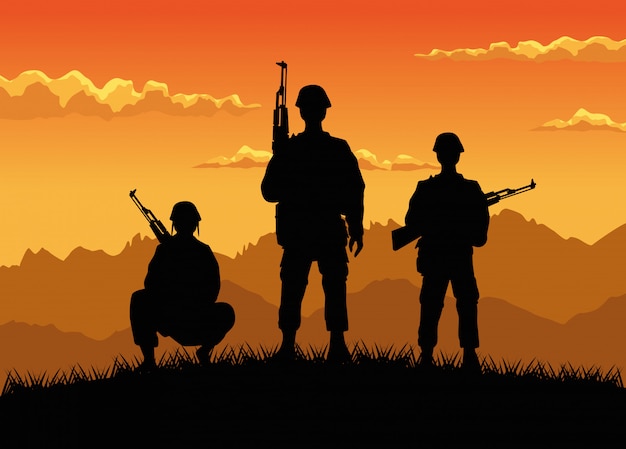 Premium Vector | Military soldiers with guns silhouettes