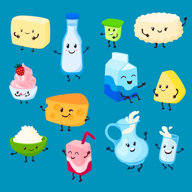 牛乳と乳製品の漫画キャラクターセットミルキークリームチーズ食品イラスト プレミアムベクター