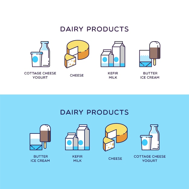 牛乳と乳製品のイラスト プレミアムベクター