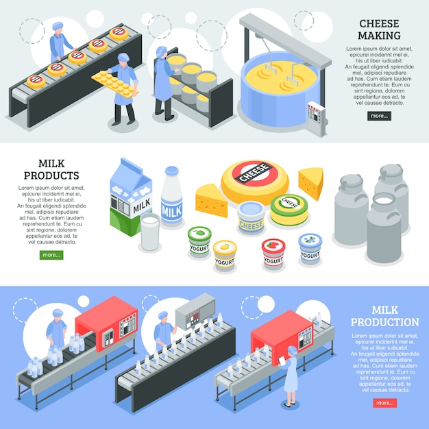 Free Vector Milk And Cheese Production Horizontal Isometric Banners