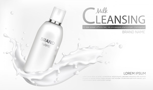 Milk cosmetics bottle mockup with splash design | Free Vector