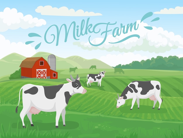 ミルクファームフィールド 酪農場の風景 牧場のフィールドと国の農業牛イラストの牛 プレミアムベクター