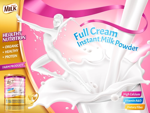 女性広告の粉乳 体操を行うエレガントな女性は ピンクの背景のイラストで牛乳のしぶきからジャンプ プレミアムベクター