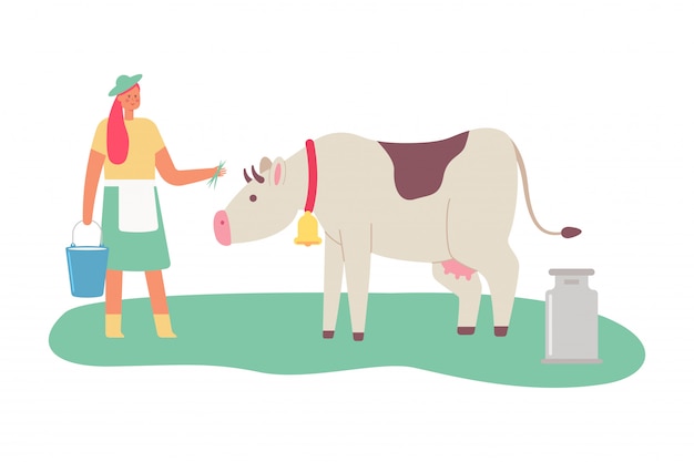 Premium Vector | Milkmaid with a cow and a bucket of milk. cartoon flat ...